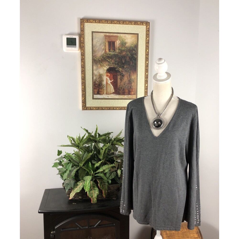 INC Women Rhinestones Embellished Sweater Long Bell Sleeve Size XXL Gray V-neck